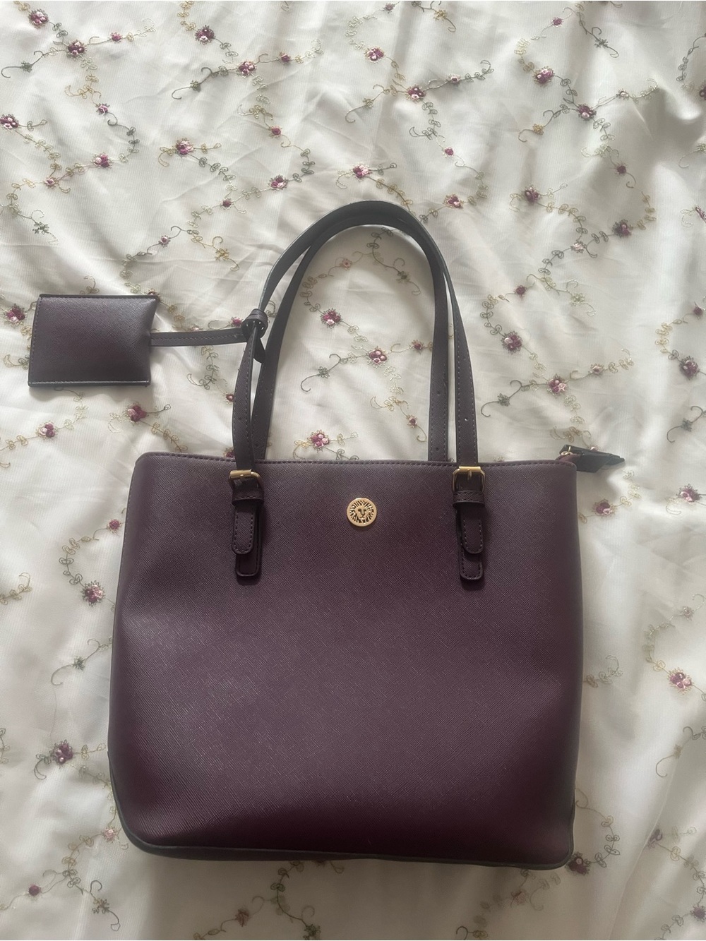 Anne Klein Plum Saffiano Tote with Gold Logo Accent
